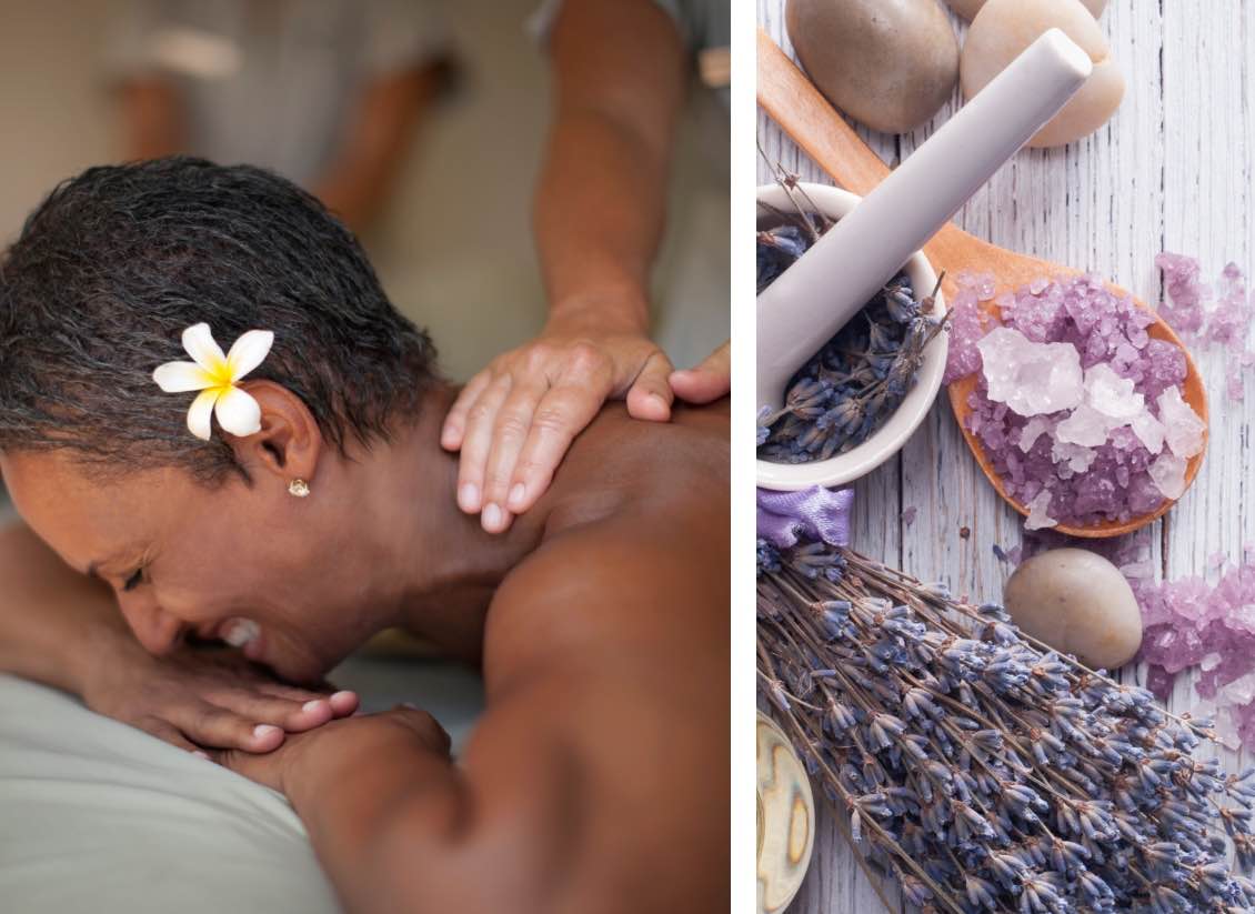woman having a massage and lavender bath salts